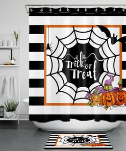 Halloween Shower Curtain with Stripes Cobweb Bat Pumpkin for a Spooky Bathroom Decor