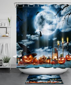 Halloween Skull Pumpkin Shower Curtain with Full Moon Night Design