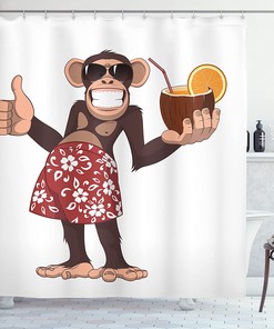 Happy Chimpanzee Shower Curtain, Cocktail and Smiling Piggle Ape Print in Brown Ruby Bathroom Decor
