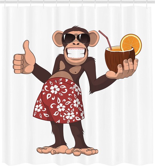 Happy Chimpanzee Shower Curtain, Cocktail and Smiling Piggle Ape Print in Brown Ruby Bathroom Decor - Image 2