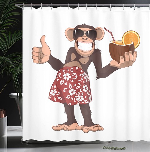 Happy Chimpanzee Shower Curtain, Cocktail and Smiling Piggle Ape Print in Brown Ruby Bathroom Decor - Image 3