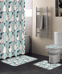 Happy Christmas Cute Penguin Shower Curtain with Winter Fun Cartoon Illustration for a Festive Bathroom Decor