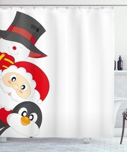 Happy Santa Penguin Christmas Shower Curtain for Bathroom Decor with Bathroom Curtain