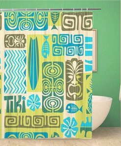 Hawaiian Exotic Tiki Pattern Shower Curtain - Tribal Flower Surfboard Tahiti Polynesian Bathroom Decor