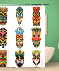 Hawaiian Tribal Tiki Mask of Colorful Cut Wooden Guise Flat Shower Curtain - Bathroom Decor