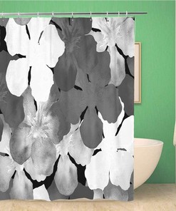 Hawaiian Watercolor Pattern Black and White Floral Tropical Shower Curtain - Hibiscus Bathroom Decor