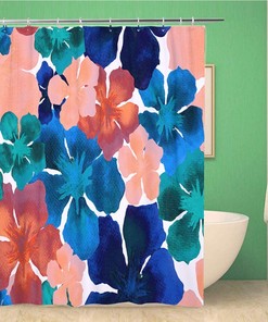 Hawaiian Watercolor Pattern Indigo Blue Floral Tropical Hibiscus Shower Curtain - Bathroom Decor