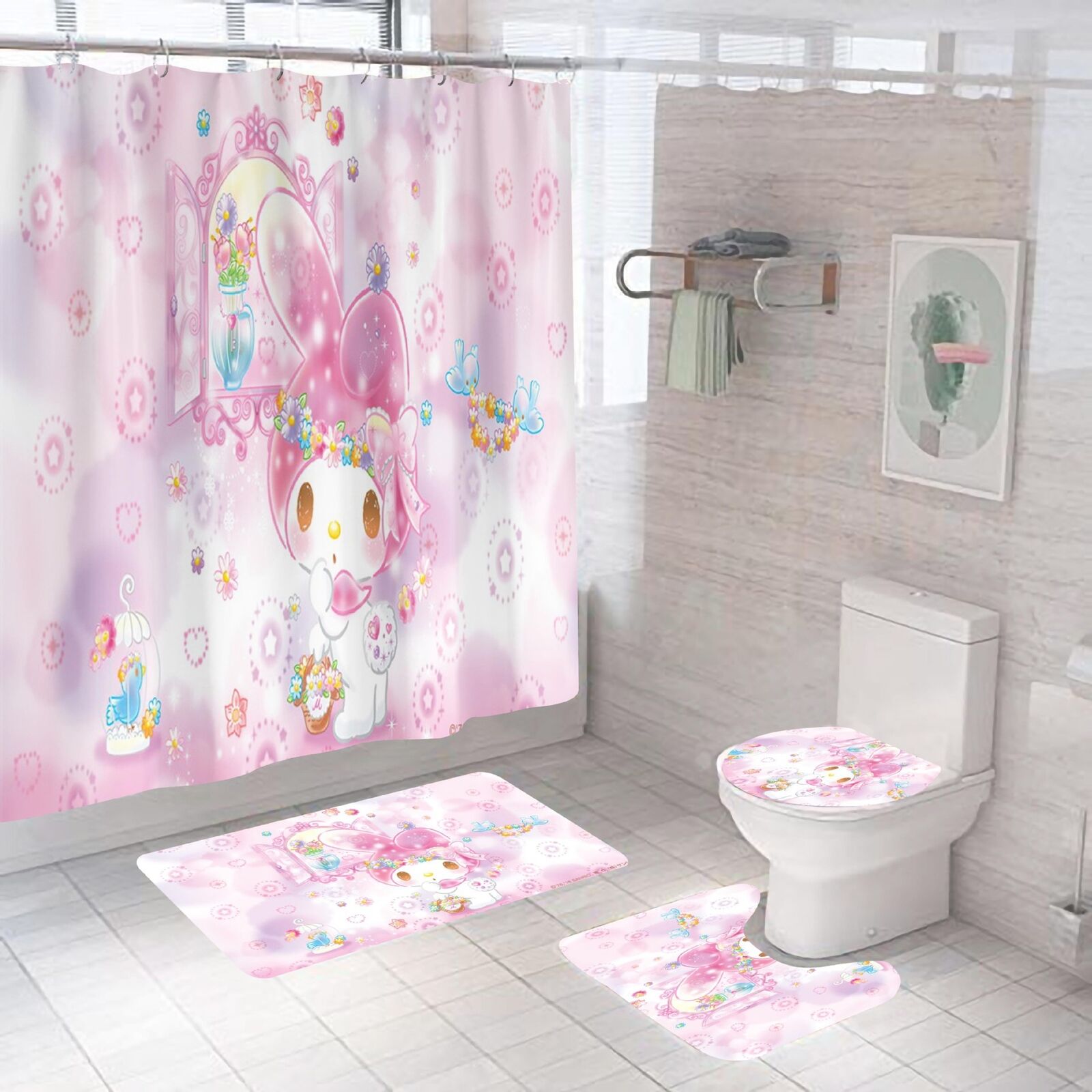 Hello Kitty Castle Waterproof Shower Curtain for Fantasy Bathroom Decor