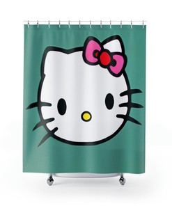 Hello Kitty Inspired Cartoon Shower Curtain, Cute Bathroom Decor