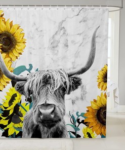 Highland Cattle Shower Curtain, Sunflower Marble Print Farm Animal Bathroom Decor