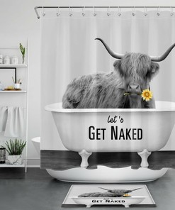 Highland Cow Flower Shower Curtain with Funny Word Print | Bathroom Decor
