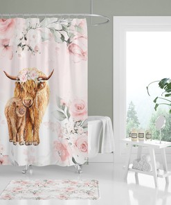Highland Cow Girl Shower Curtain, Pink Floral Bathroom Accessory for Kids Room