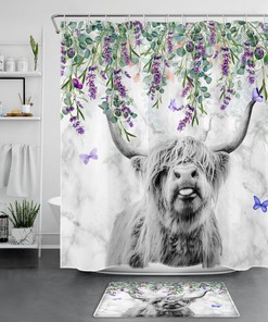 Highland Cow Marble Shower Curtain - Botanical Lavender Bathroom Decor