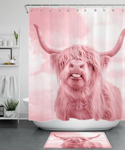 Highland Cow Pink Shower Curtain for Animal Bathroom Decor