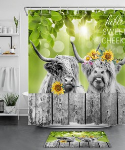 Highland Cow Rustic Retro Shower Curtain Botanical Bathroom Decor
