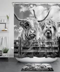 Highland Cow Rustic Retro Wood Shower Curtain in Soft Gray