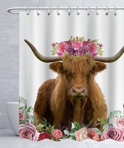 Highland Cow Shower Curtain, Farmhouse Bathroom Decor with Flower