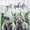 Highland Cow Shower Curtain, Green Tropical Leaves and Flowers on Marble Bathroom Decor with Funny Quote
