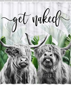 Highland Cow Shower Curtain, Green Tropical Leaves and Flowers on Marble Bathroom Decor with Funny Quote