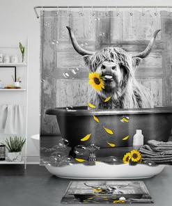 Highland Cow Sunflower Bathtub Shower Curtain for a Farmhouse-Inspired Bathroom