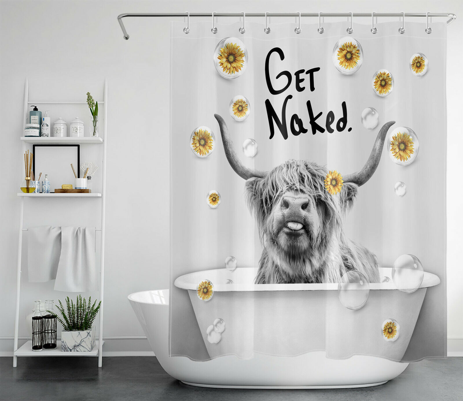 Highland Cow Sunflower Bubbles Shower Curtain for a Playful Bathroom - Image 2