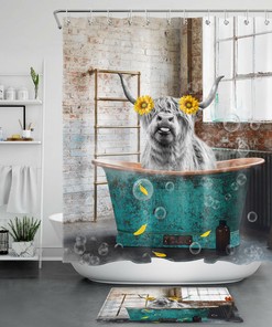 Highland Cow Sunflower Flower Ancient Bathtub Shower Curtain - Bathroom Decor Fabric