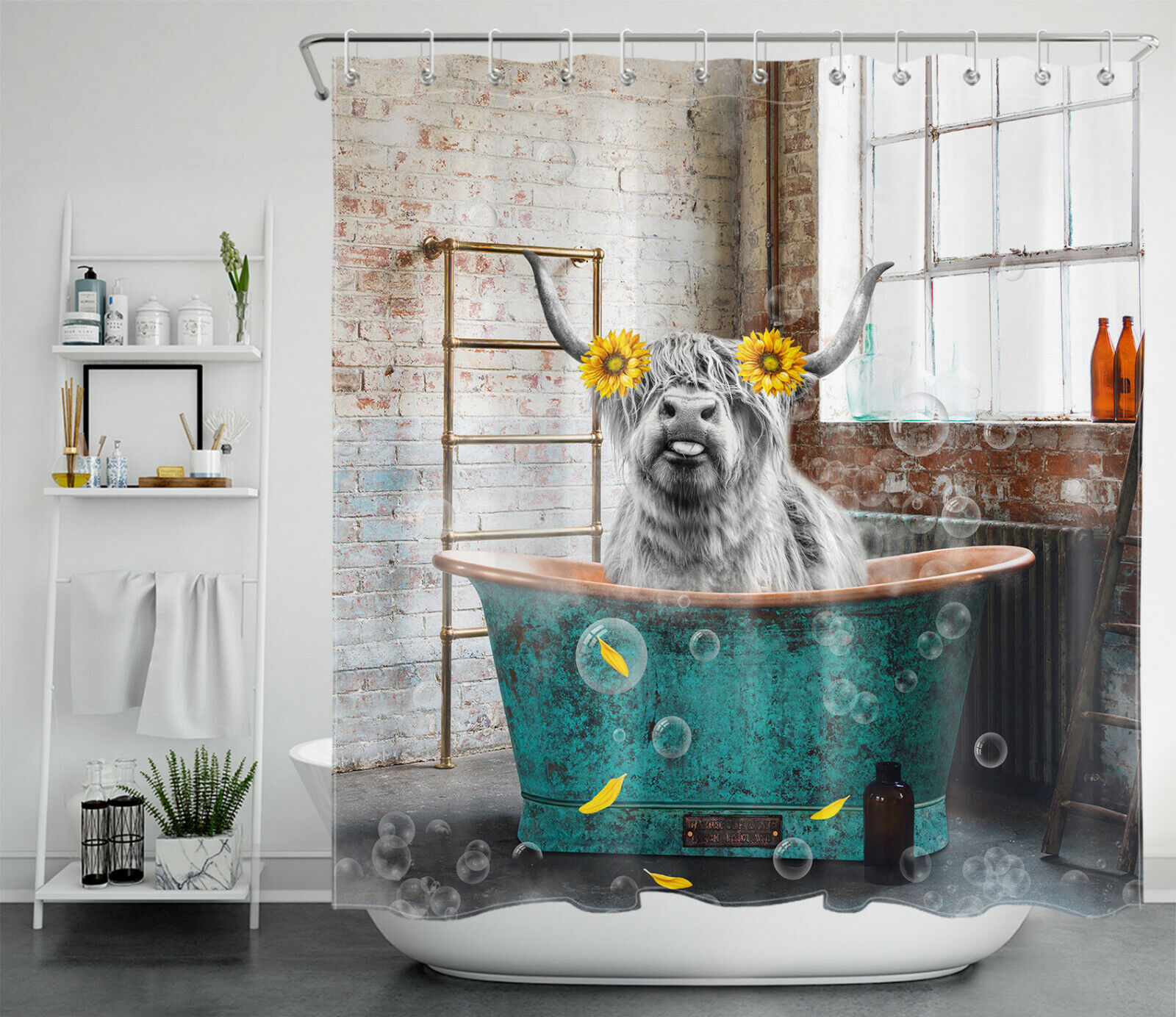 Highland Cow Sunflower Flower Ancient Bathtub Shower Curtain - Bathroom Decor Fabric - Image 2