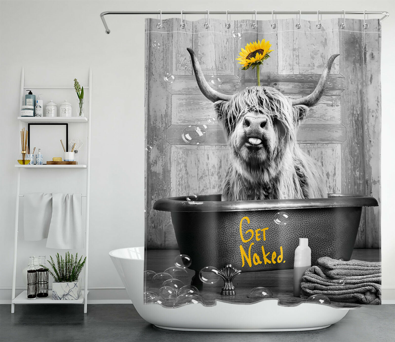 Highland Cow Sunflower Shower Curtain for Country Bathroom Decor