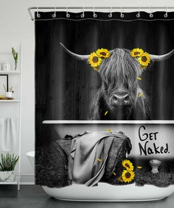 Highland Cow Sunflower Shower Curtain for Farmhouse Bathroom Decor