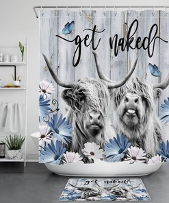 Highland Cow and Butterfly Shower Curtain, Blue Design