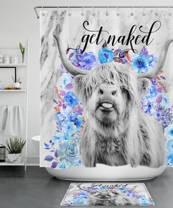 Highland Marble Blue Gray Cow Shower Curtain for Bathroom Decoration