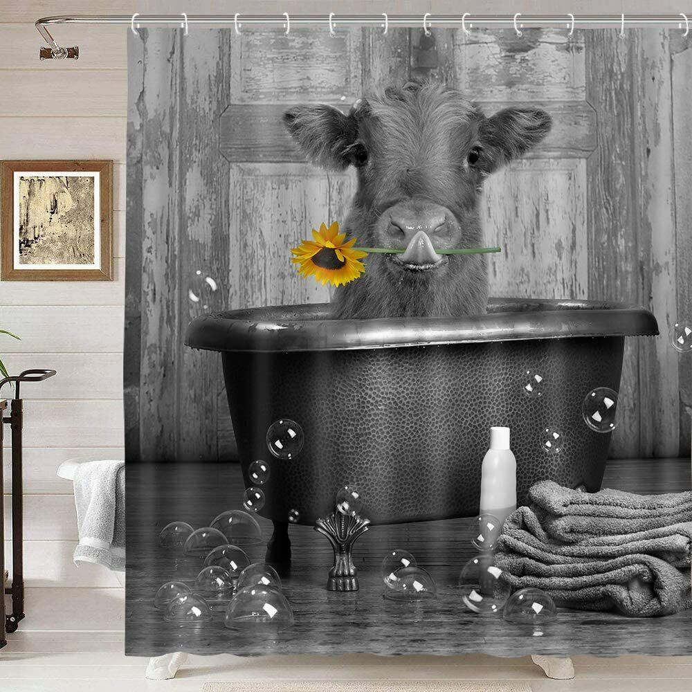 Highlandhorn Cattle with Sunflower Funny Cow Shower Curtain for Bathroom Accessories and Home Decor