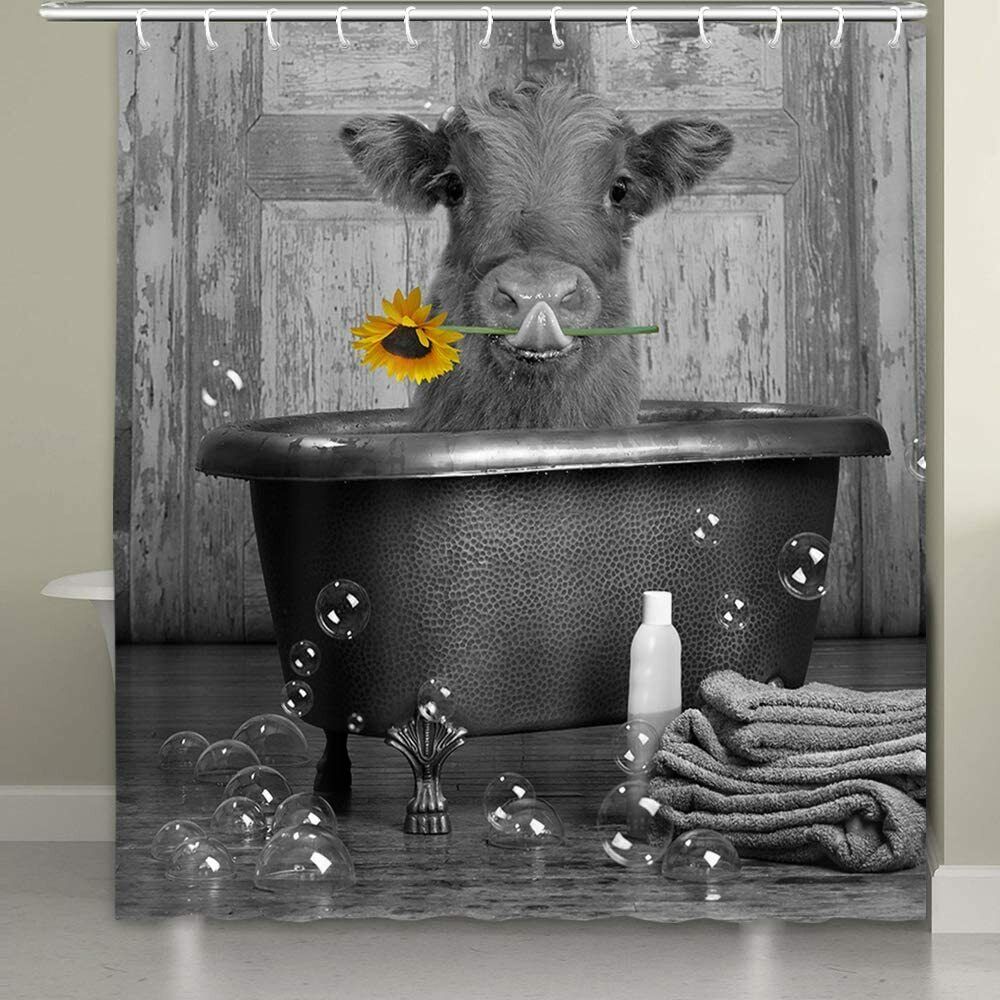 Highlandhorn Cattle with Sunflower Funny Cow Shower Curtain for Bathroom Accessories and Home Decor - Image 2