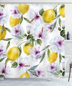 Home Decor Spring Shower Curtain, Flowers and Lemons Bathroom Curtain