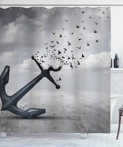 Hopeful Flight Shower Curtain, Anchor Turns into Group of Flying Seagulls Print, Bathroom Decor, Grey