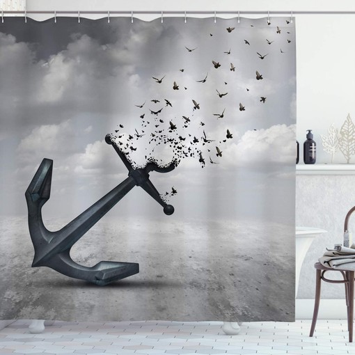 Hopeful Flight Shower Curtain, Anchor Turns into Group of Flying Seagulls Print, Bathroom Decor, Grey