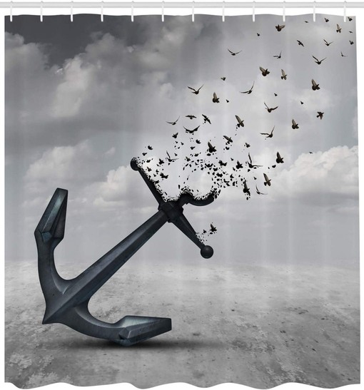 Hopeful Flight Shower Curtain, Anchor Turns into Group of Flying Seagulls Print, Bathroom Decor, Grey - Image 2