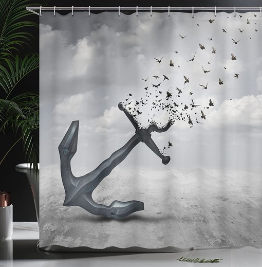 Hopeful Flight Shower Curtain, Anchor Turns into Group of Flying Seagulls Print, Bathroom Decor, Grey - Image 3