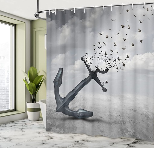 Hopeful Flight Shower Curtain, Anchor Turns into Group of Flying Seagulls Print, Bathroom Decor, Grey - Image 4