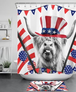 Independence Day Highland Cow Shower Curtain for Bathroom Decor - Grey Balloon Theme