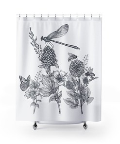 Insect Shower Curtain for Bathroom - Bee, Butterfly, Dragonfly Pattern