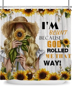 Inspirational African American Botanical Shower Curtain - Black Girl Holding Sunflower and Rustic Wooden Design for Bathroom Decor