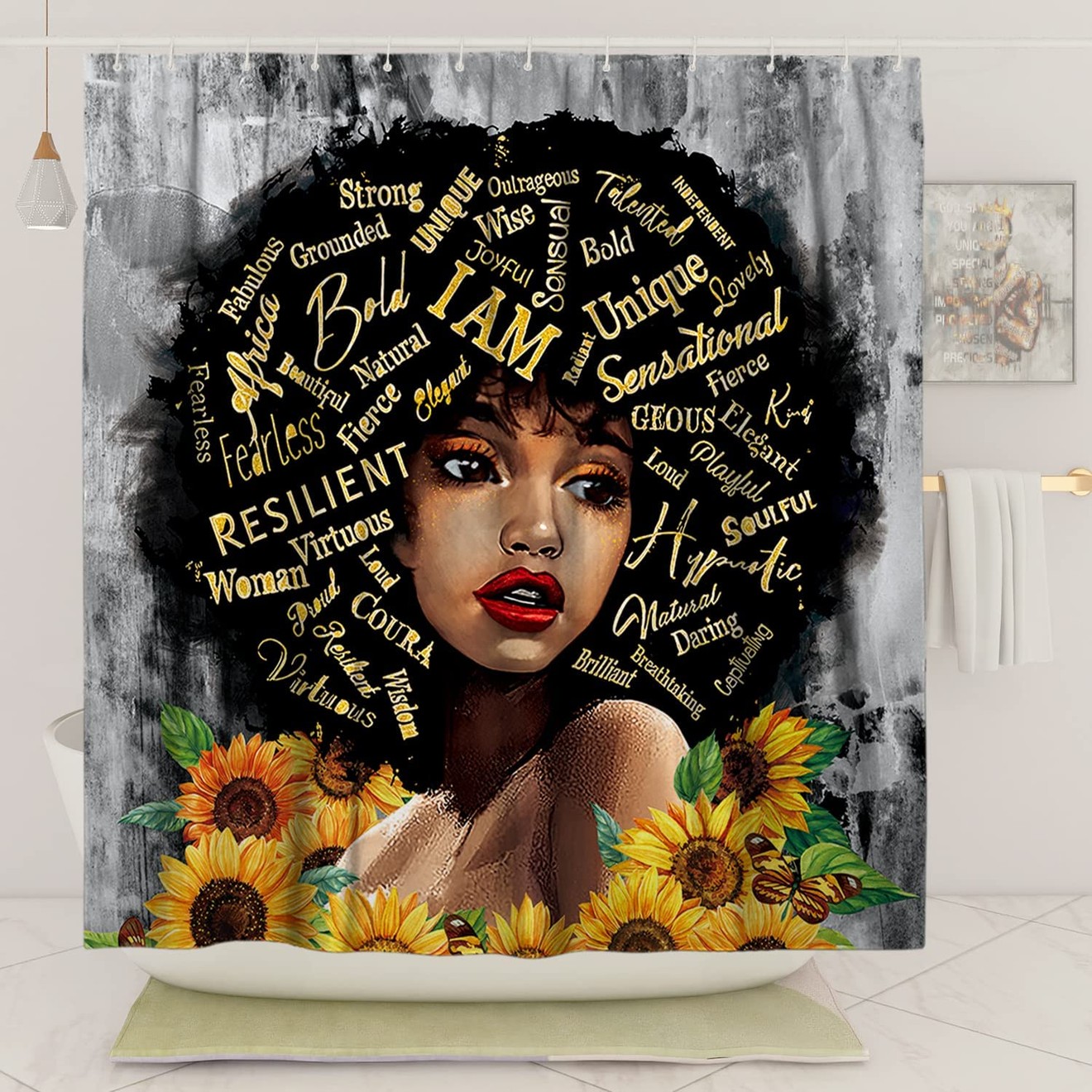 Inspirational African Art Black Girl Shower Curtain with AfroAmerican