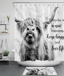 Inspirational Grey Highland Cow Marble Shower Curtain Set for Bathroom Decor and Accessories
