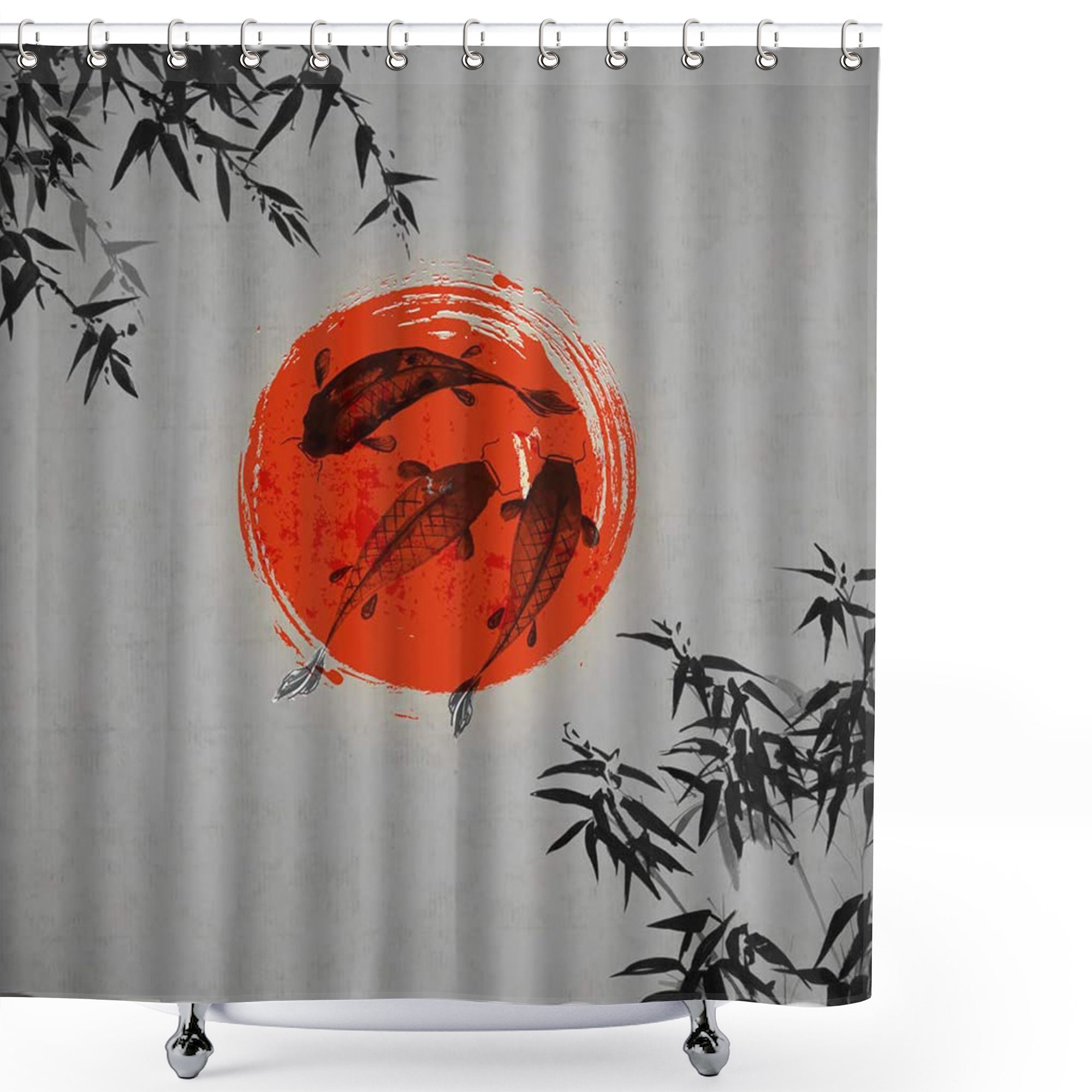 Japanese Bamboo and Koi Fish Ink Shower Curtain with Abstract Art