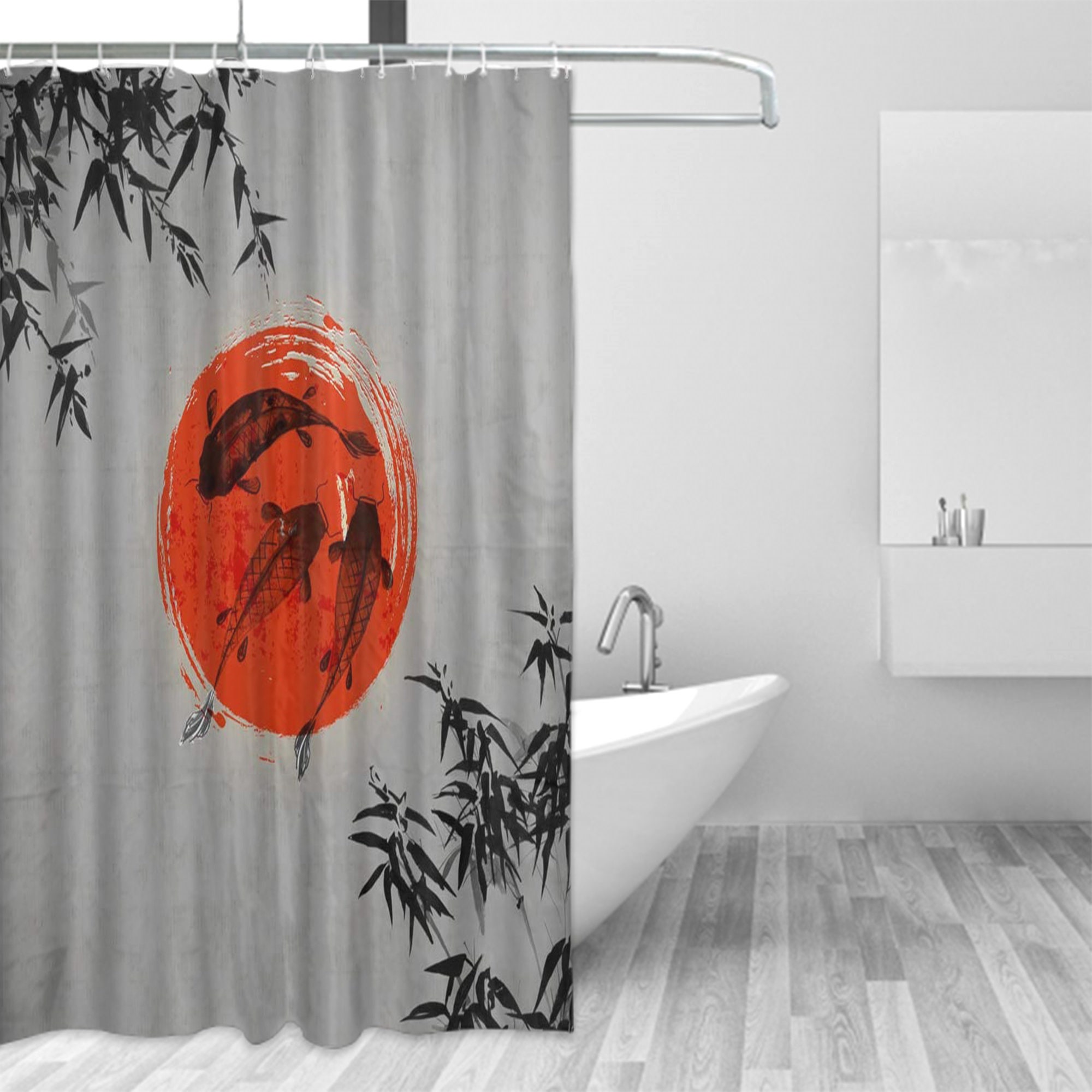 Japanese Bamboo and Koi Fish Ink Shower Curtain with Abstract Art
