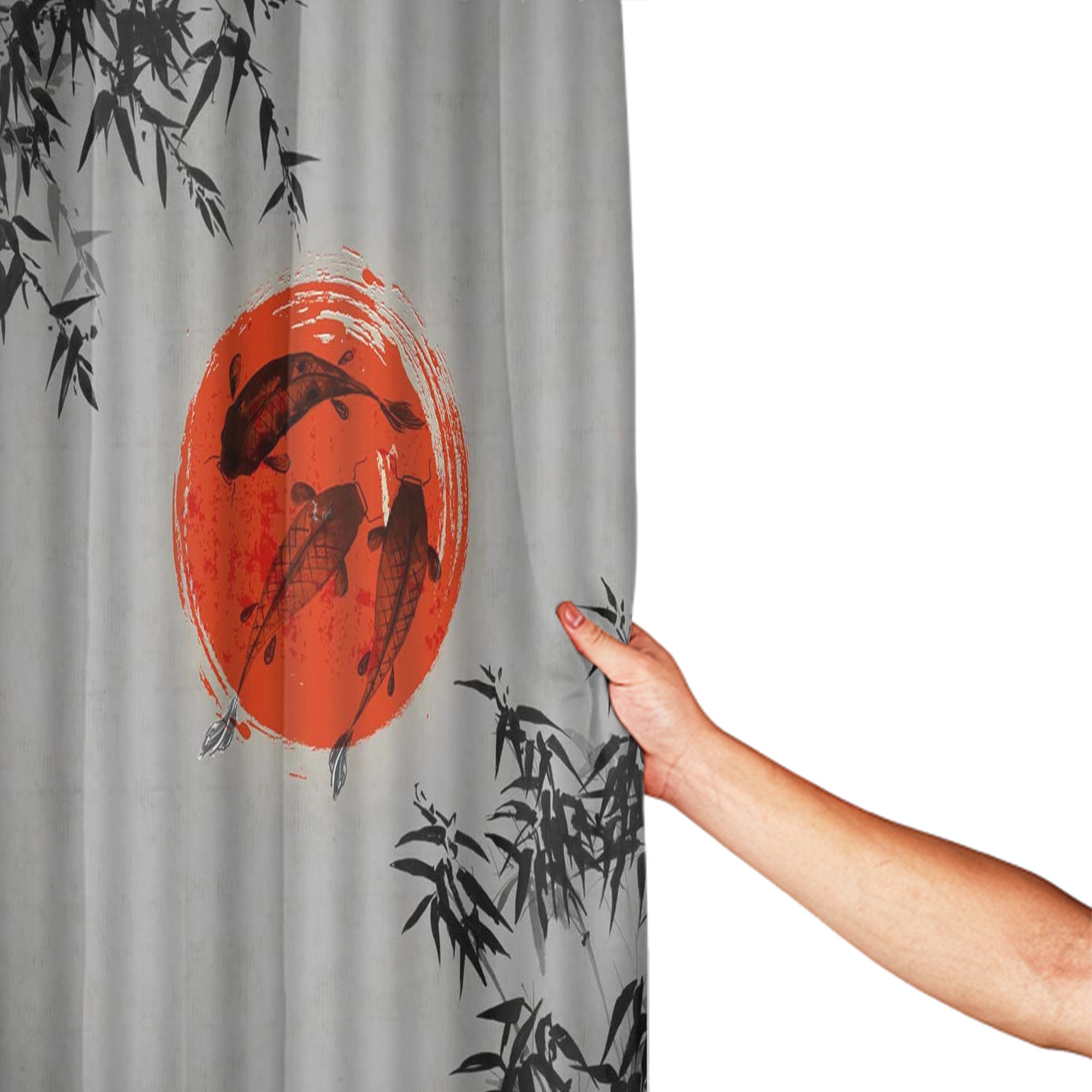 Japanese Bamboo and Koi Fish Ink Shower Curtain with Abstract Art