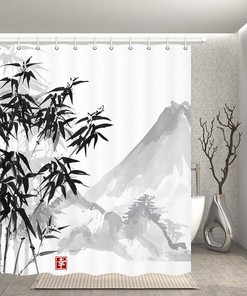 Japanese Ink Painting Bamboo and Mountain Shower Curtain - Home Decor Bathroom Curtain