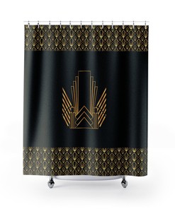 Japanese Style Geometrical Shower Curtain - Art Deco Black and Yellow Bathroom Decor
