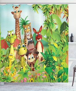Jungle Animals Cartoon Shower Curtain, Giraffe Tiger Snake Dinosaur Hippo Monkey Print in Green Bathroom Decor